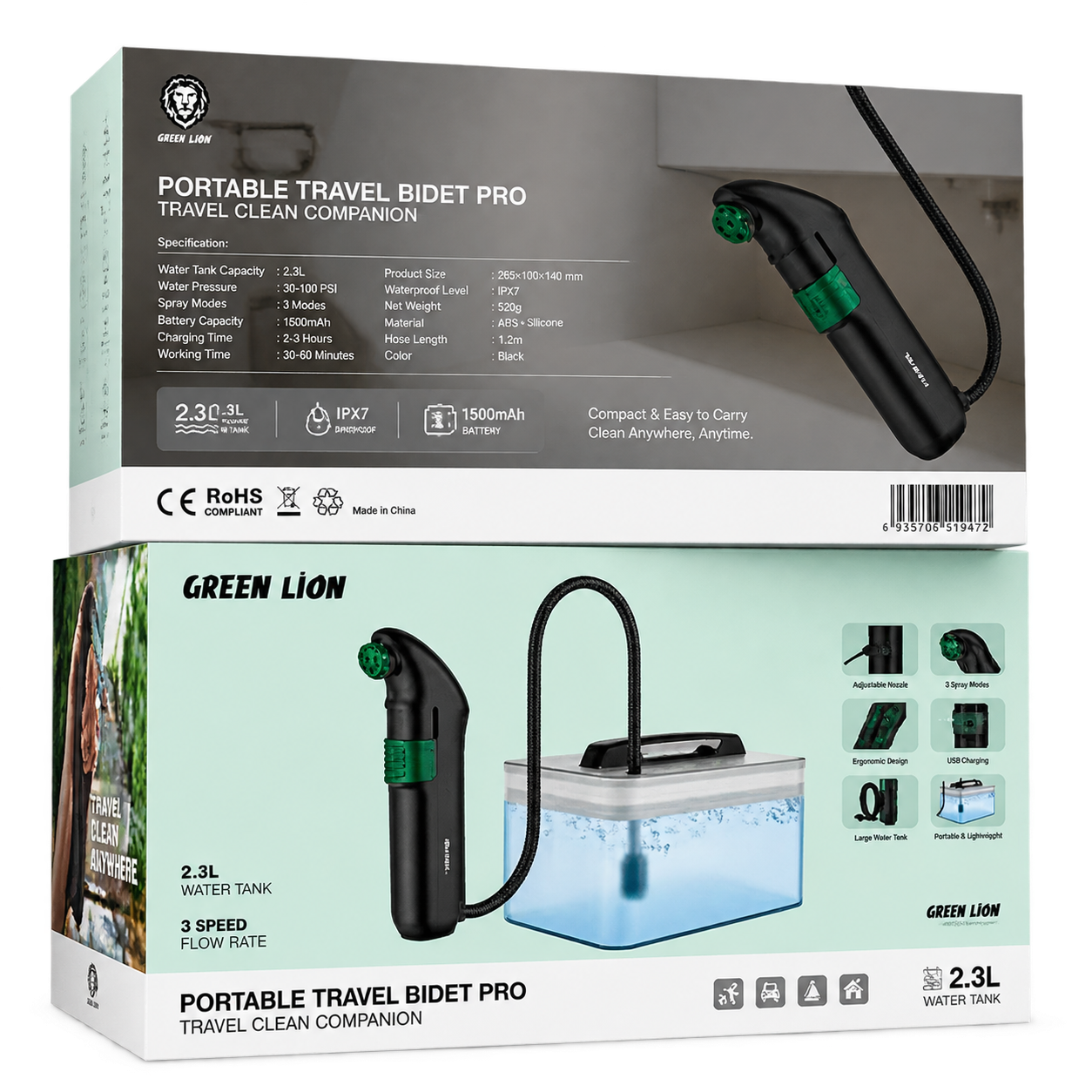 خودشور و شلنگ شارژی آب گرین لاین مدل Portable Travel Bidet Pro