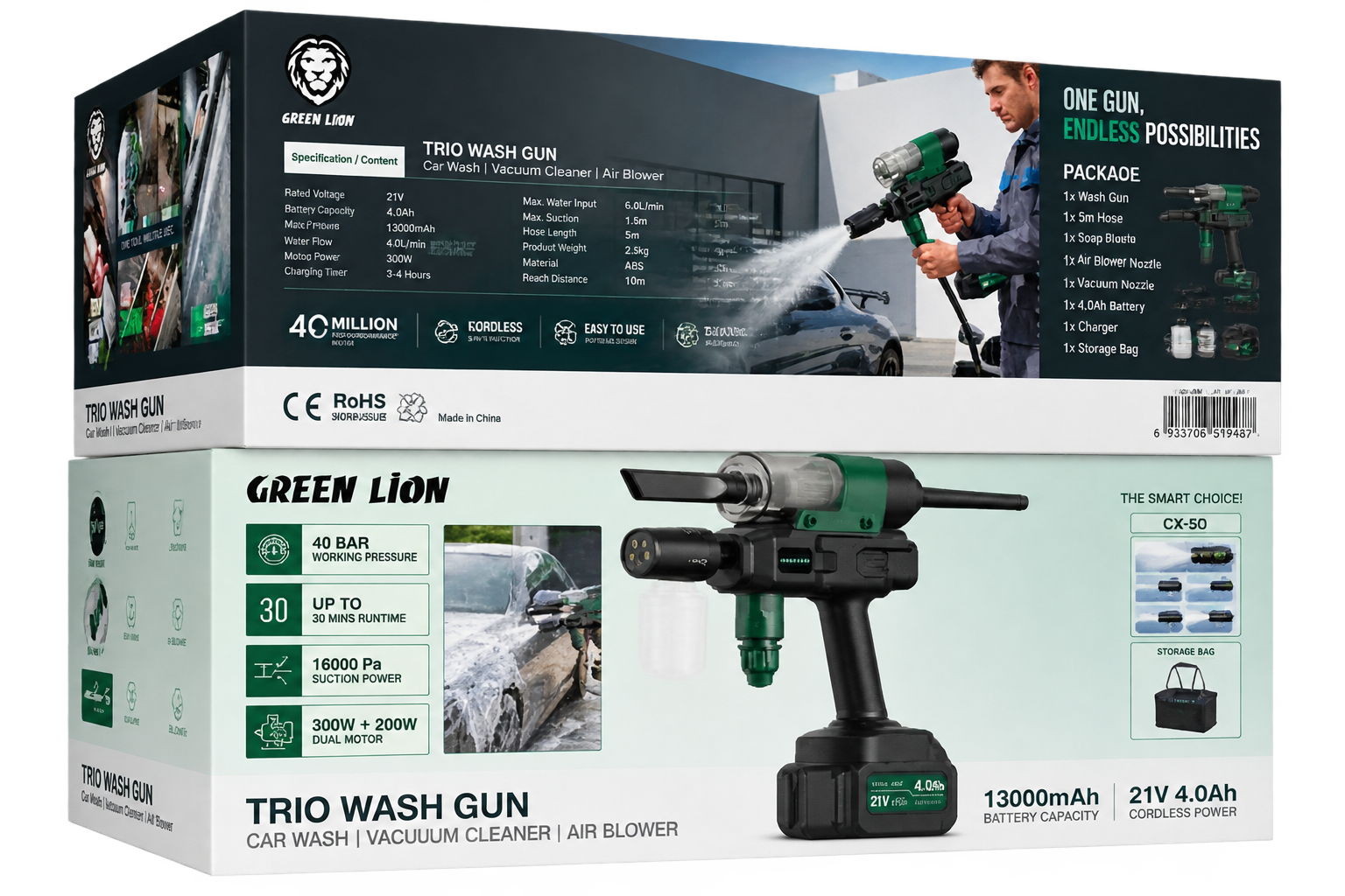 کارواش شارژی و جارو سه کاره مدل GNTRIOWSHGNBK گرین لاین Green Lion Trio Wash Gun Car Wash