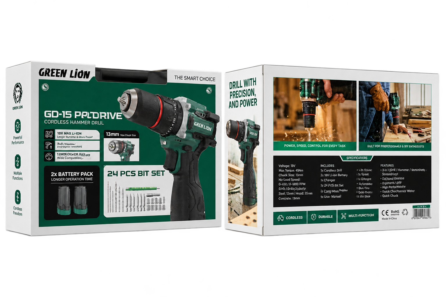 دریل شارژی چکشی 18 ولت گرین لاین Green Lion GD-15 Pro Drive Cordless Hammer Drill